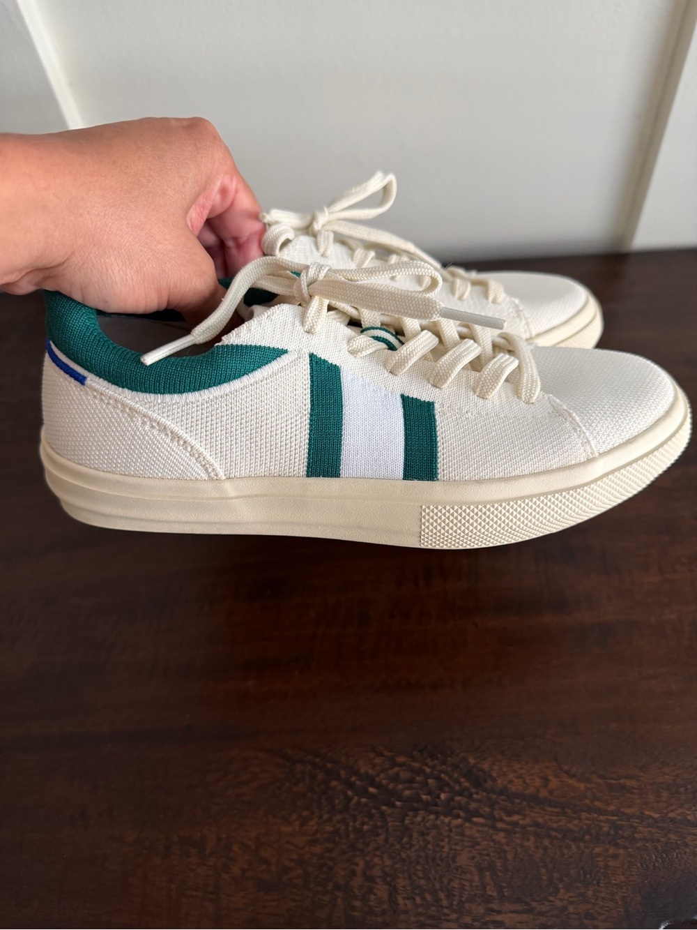 Rothy's White Canvas Sneaker with Green Collar